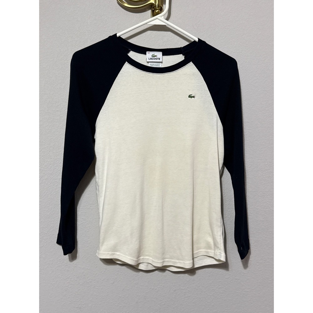 Lacoste Raglan Long Sleeve Shirt Womens 44 Cream/Black Baseball Tee Logo